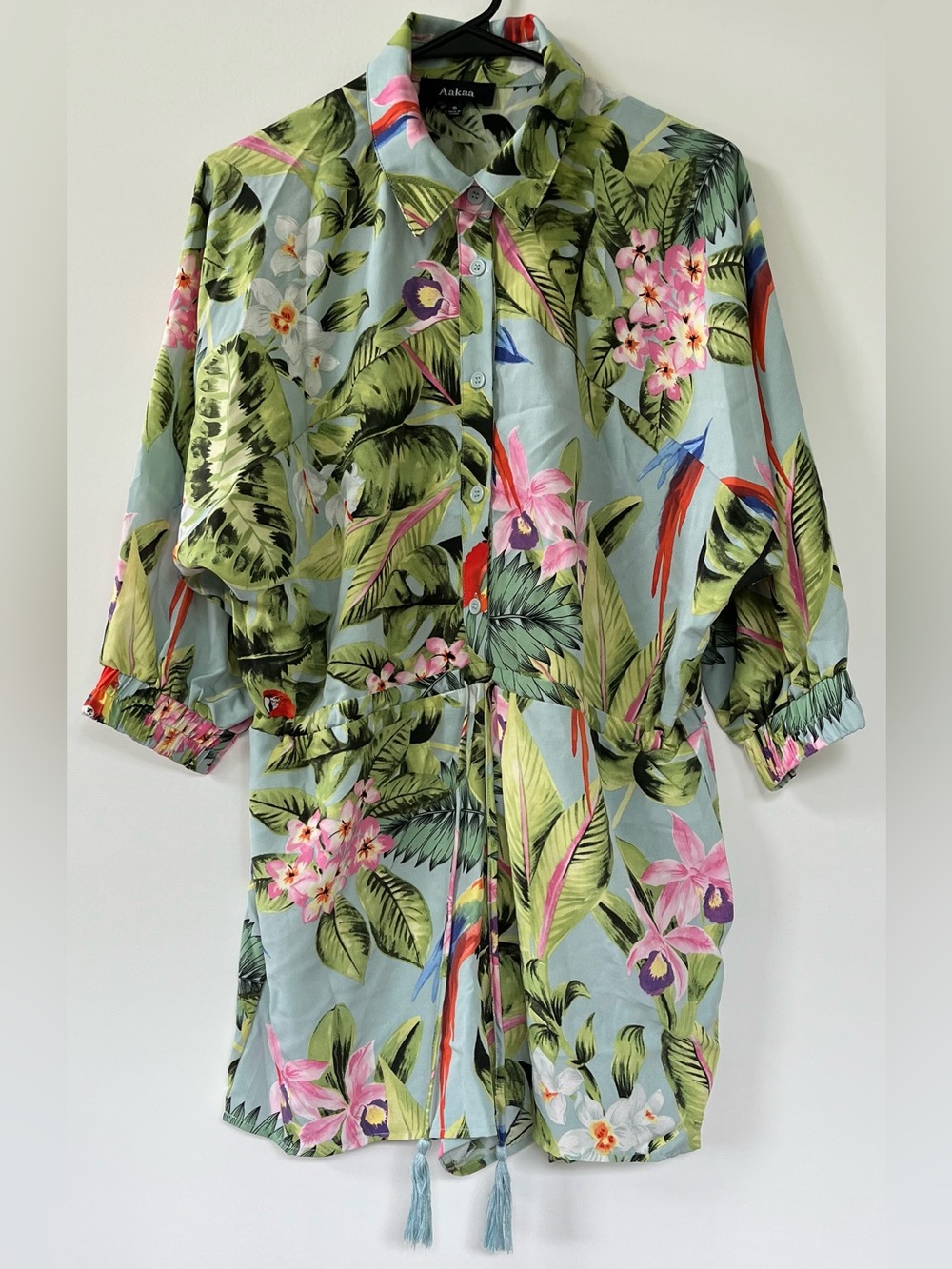 Aakaa Light Blue Tropical Floral Jungle Button Romper with Side Pockets Size:S